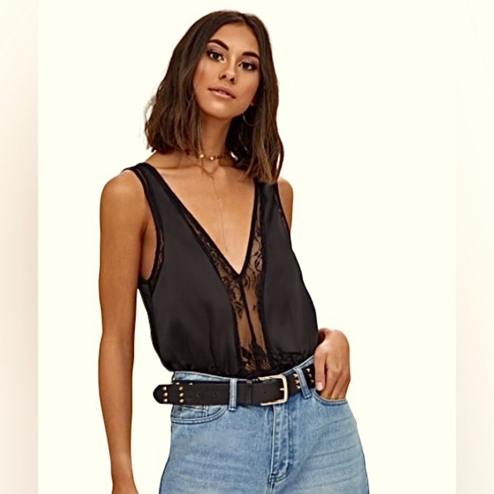 Pretty Little Things Black Lace Insert Plunge Thong Bodysuit